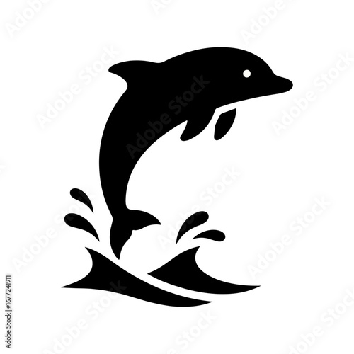 The silhouette of a jumping dolphin on ocean waves against a transparent background