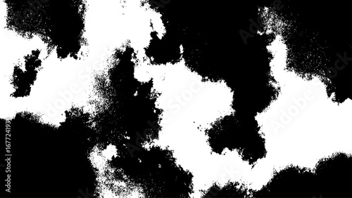 Black and white grunge texture with scattered, grainy patches with ink splatters or sprayed paint on a rough surface. Chaotic, distressed effect, ideal for artistic backgrounds, overlays.