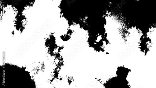 Black and white grunge texture with scattered, grainy patches with ink splatters or sprayed paint on a rough surface. Chaotic, distressed effect, ideal for artistic backgrounds, overlays.