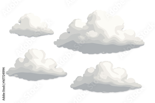 Set of realistic 3D clouds isolated on transparent background. Fluffy cumulus cloud. Weather sky symbol. Nature design element. Heaven air atmosphere concept. Climate clipart.