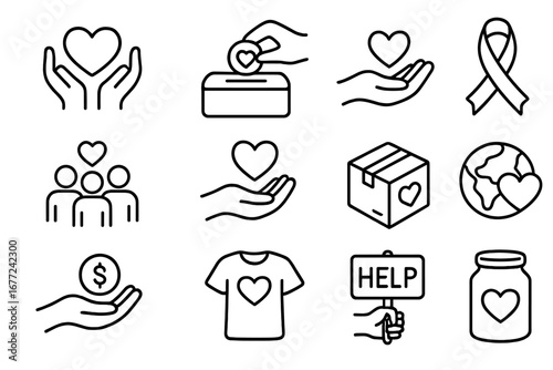 Charity and donation outline icon set. Volunteering, giving, and support symbols. Vector line art collection for nonprofit, humanitarian aid, and fundraising concepts. Heart.