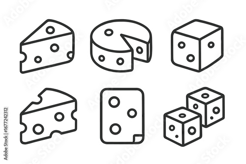 Cheese icon set. Dairy food icons outline collection for culinary design. Vector illustration. Swiss cheese, parmesan, cheddar. Gourmet delicatessen symbols for menu or web.