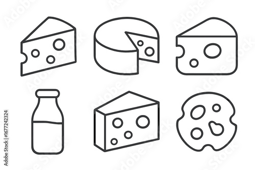 Cheese icon set. Dairy food icons outline collection for culinary designs. Vector cartoon illustration of different cheese types like swiss, cheddar and milk bottle symbol.