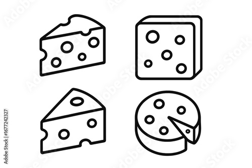 Cheese icon set. Dairy food icons outline collection for culinary designs. Vector cartoon illustration. Swiss, cheddar, parmesan. Piece, slice, wedge and wheel of cheese.