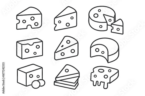 Cheese icon set vector collection. Dairy food line icons for culinary design. Outline cartoon illustration for menu or logo. Cheddar, swiss, mozzarella slice, wheel and block.