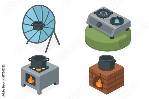 Clean cooking technology icon set with solar cooker, biogas stove, improved and traditional stoves. Isometric vector illustration for sustainable and renewable energy concepts.
