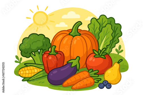 Fresh vegetable and fruit harvest. Cartoon vector illustration of healthy organic food. Nature's bounty with pumpkin, corn, carrot, tomato for vegan or vegetarian diet.