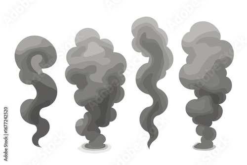 Set of gray cartoon smoke, steam, or fog clouds. Vector illustration of abstract smoky puffs and vapor trails. Special effect element isolated on a transparent background.