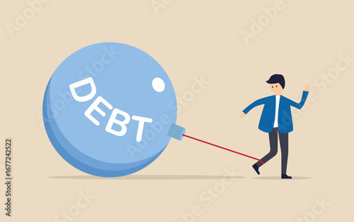 Office Worker with a Big Debt Weight. Financial burden illustration man struggling with heavy weight symbolizing debt and financial struggle. Vector Illustration