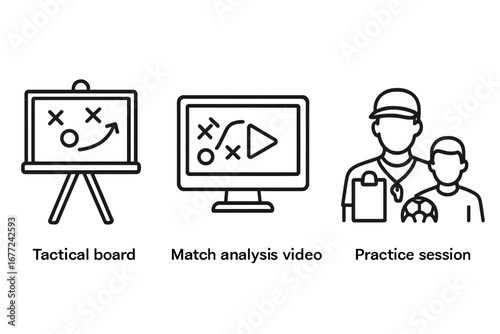 Coaching tools icon set. Sports strategy and training outline icons. Includes tactical board, match analysis video, and practice session with coach and player. Football mentorship.