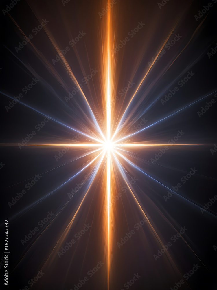 Fototapeta premium Bright orange starburst with radiating light beams against a dark background