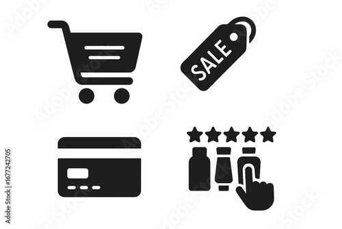 Consumer behavior solid icon set. E-commerce and retail symbols. Shopping cart, sale tag, credit card payment, and product choice with five star rating vector icons.