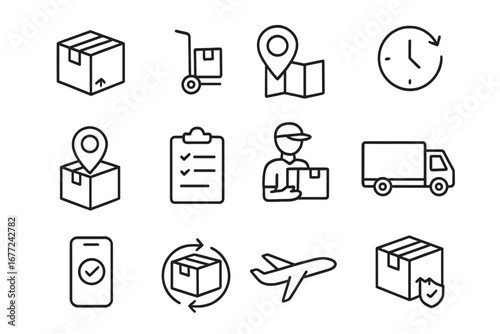 Delivery and shipping line icon set. Logistics, package tracking, and courier service outline icons. Vector collection for freight, transport, and order fulfillment concepts.