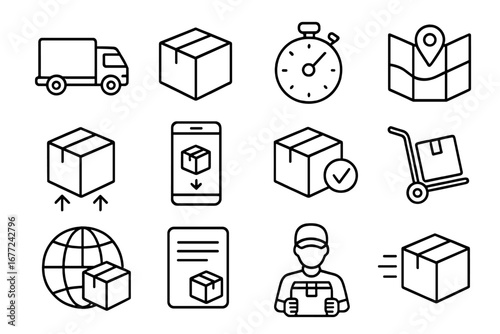 Delivery and shipping line icon set. Logistics, package tracking, and courier service icons. E-commerce, freight transportation, and global distribution vector symbols.