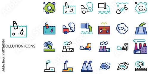 Pollution simple concept 24 color icons set .Vector illustration.