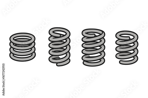 Set of metal springs in various states of compression and extension. Vector illustration of mechanical coils. Industrial flexible equipment concept. Resilience and pressure.