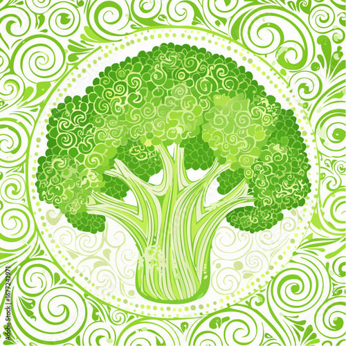 Green Broccoli Illustration with Swirling Ornamental Background