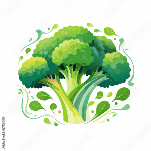 Vibrant Green Broccoli Illustration with Leafy Accents