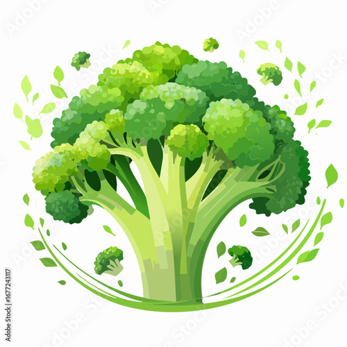 Vibrant Green Broccoli Illustration with Leaves
