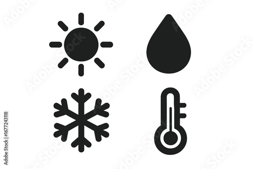 Weather forecast vector icon set. Solid black pictograms collection for climate and meteorology. Sun for summer, rain drop for humidity, snowflake for winter, thermometer.