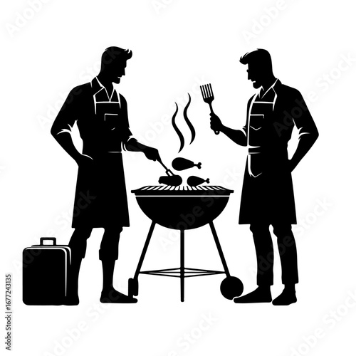 men cooking barbecue silhouette, men cooking barbecue vector
