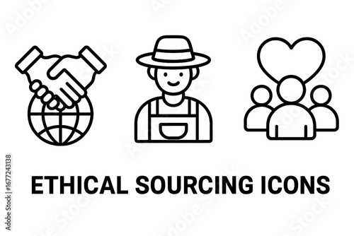 Ethical sourcing outline icon set. Concepts for fair trade, global partnership, and responsible supply chain. Vector icons for local farmer, agriculture, and community support.
