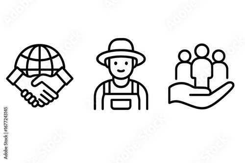 Fair trade and ethical sourcing vector icon set. Outline icons for sustainable agriculture, local farmer support, global partnership, and community social responsibility.