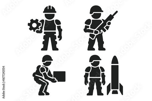 Exoskeleton applications glyph icon set. Industrial and military exosuit concepts. Soldier with rifle, worker with gear, logistics lifting. Future powered armor technology vector.