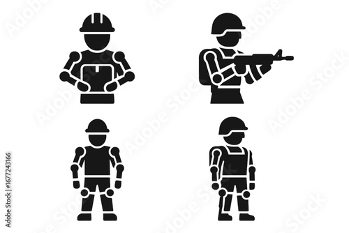 Exoskeleton solid icon set. Industrial and military applications. Bionic suit for soldier and worker. Powered armor for lifting. Future robotics technology glyph vector.