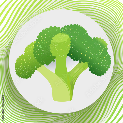Vibrant Green Broccoli Illustration with Swirling Lines Background