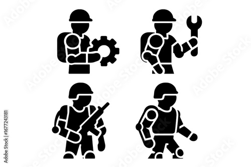 Exoskeleton solid glyph icon set. Industrial and military applications. Bionic suit for worker and soldier. Robotics technology for support, strength and enhancement.
