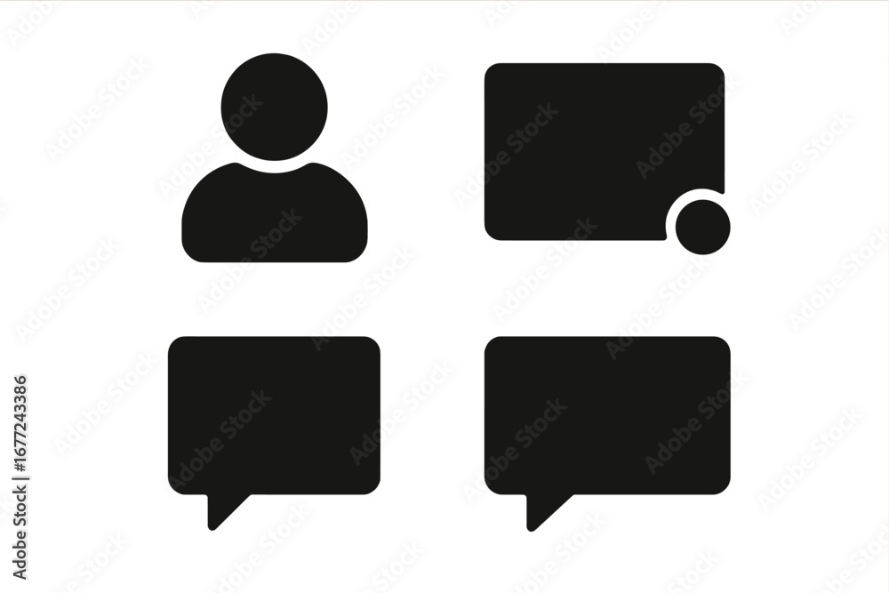 Fototapeta premium Blank social media icons. Solid filled icon set of empty profile picture, blank post with notification, and empty comment or chat box. Vector UI elements for web and app design.