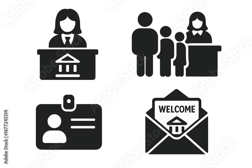 Family banking solid icon set. Vector glyphs for financial services, customer experience. Bank teller, family at counter, ID card, welcome kit for new account opening illustration.