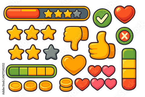 Game UI elements kit. Cartoon vector set for user interface design. Includes star rating, progress bar, heart for lives, like and dislike buttons, coins for score or currency.