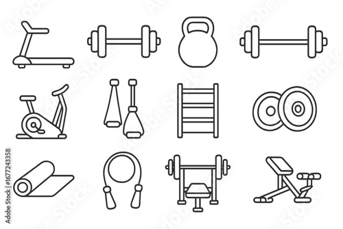 Fitness equipment outline icon set. Gym workout tools linear collection. Vector icons of treadmill, dumbbell, kettlebell, bike, barbell, jump rope, mat. Sport and exercise symbols.