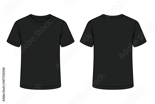 Black t-shirt mockup, front and back view. Isolated vector cartoon illustration. Classic cotton tee template for apparel design, print, and merchandise branding and showcase.