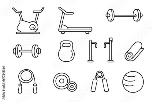 Fitness equipment outline icon set. Gym workout tools linear collection. Vector symbols: exercise bike, treadmill, barbell, dumbbell, kettlebell, push-up bars, yoga mat.