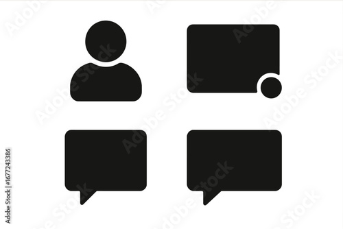 Blank social media icons. Solid filled icon set of empty profile picture, blank post with notification, and empty comment or chat box. Vector UI elements for web and app design.
