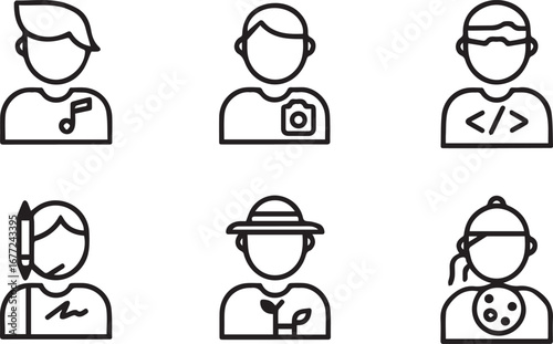 Collection of creative and hobby-based person avatars.