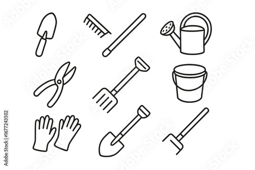 Gardening tools line icon set. Essential garden equipment collection in a simple outline style. Vector illustration of shovel, rake, watering can, and other farming items.