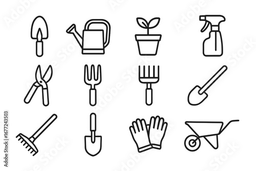 Gardening tools line icon set. Essential garden equipment and horticulture symbols. Vector pictogram collection for agriculture, farming, and plant care. Outline illustrations.