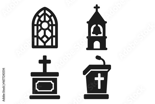 Church vector icon set. Religious solid glyphs of christian architecture. Includes stained glass window, bell tower, altar, and pulpit. Faith, worship, and sermon symbols.