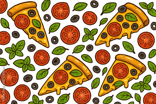 Seamless pizza pattern with tomato, basil, and olive. Vector cartoon illustration for pizzeria menu or fast food background. Italian cuisine graphic with fresh ingredients.
