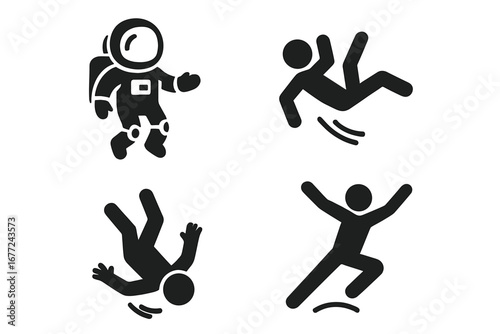 Gravity vector icon set. Solid glyph symbols of a floating astronaut in zero gravity, a person falling down, a man slipping, and a jumping figure. Human physics pictograms.