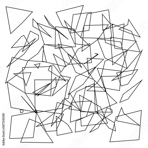 A chaotic and abstract background of randomly scattered and overlapping geometric shape outlines, vector illustration