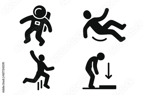 Gravity icons set. Human interaction with physical forces. Vector silhouette of astronaut floating, person falling, man slipping, athlete jumping. Zero gravity, physics concept.