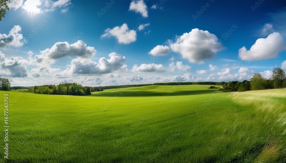 Obraz premium expansive green field under a bright blue sky with fluffy white clouds creating a serene and tranquil landscape perfect for relaxation and outdoor activities