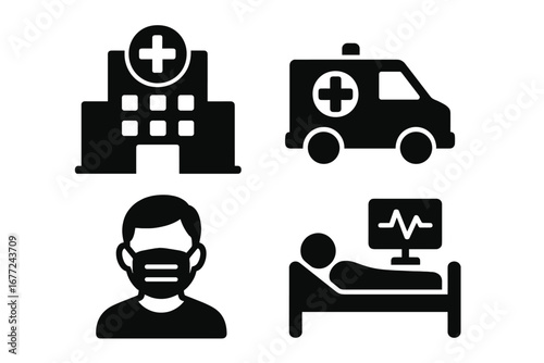 Healthcare measures icon set for pandemics. Solid filled icons of hospital building, ambulance, ICU bed, and a patient with a face mask. Medical emergency and virus prevention vector pack.
