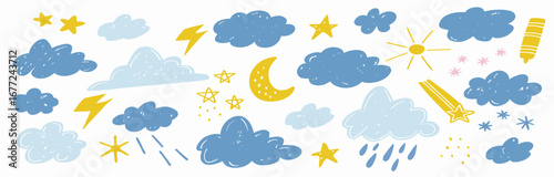 Hand-drawn Clouds, Stars, Sun, Moon, Rain: Cute Weather Clipart