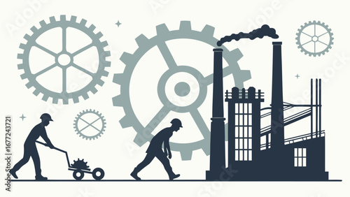 Modern flat illustration of factory silhouettes with worker figures and giant gears in the background, industrial labor concept